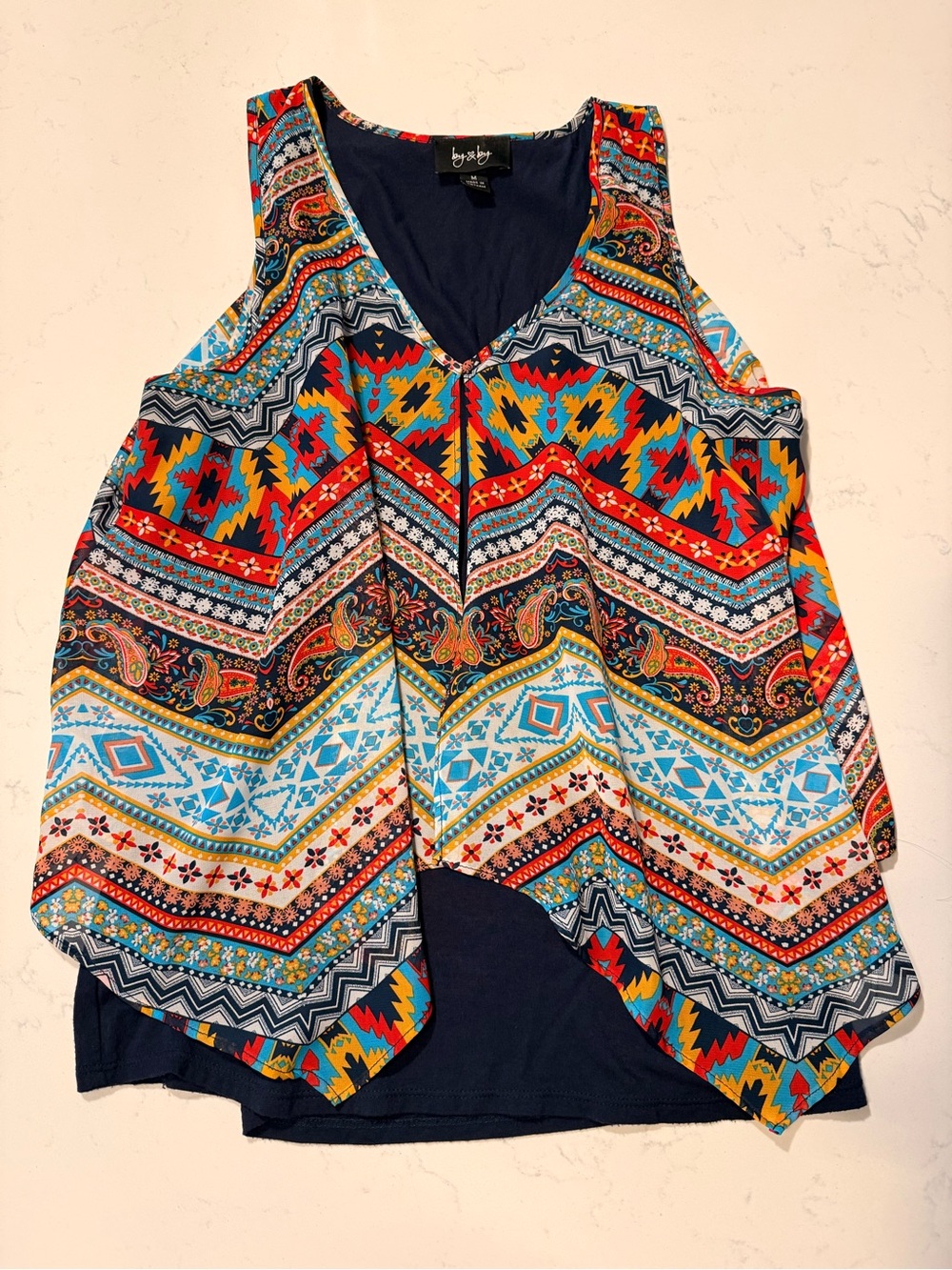 Boho Printed Sleeveless Layered V-Neck Top - Navy/Multicolor